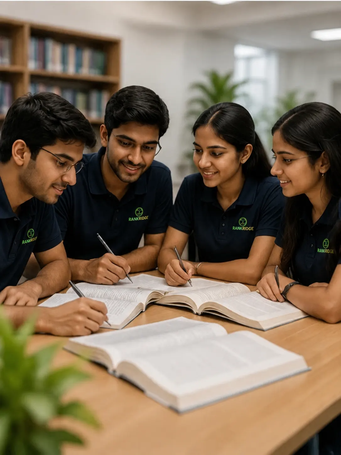 Rankridge students in branded uniforms studying together in a focused peer group