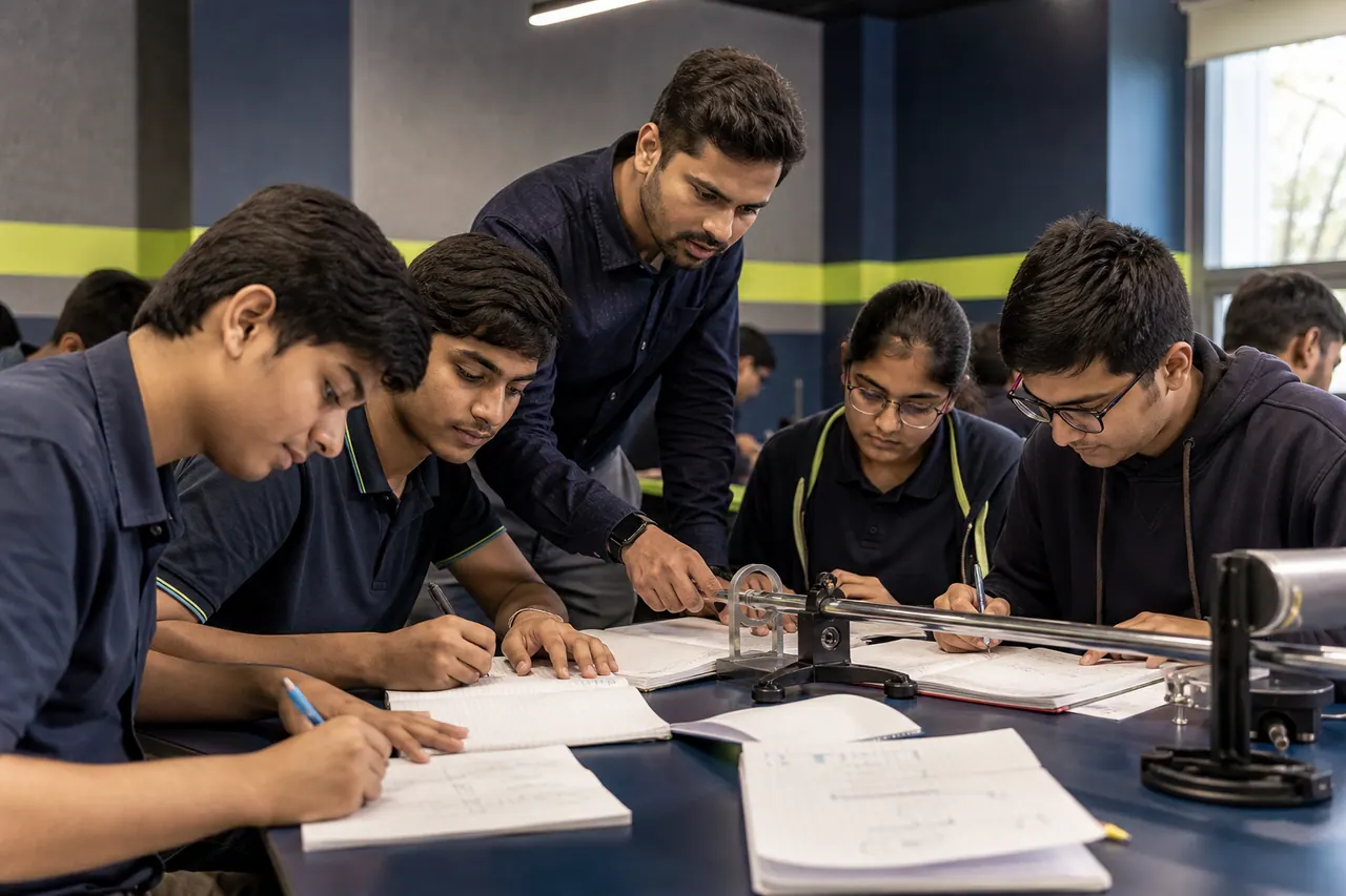 Illustration of students working through physics and mathematics problems in a lab-style classroom