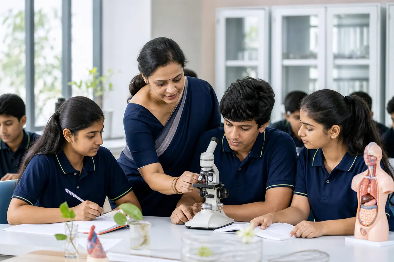 Illustration of students studying biology with microscopes and anatomy charts