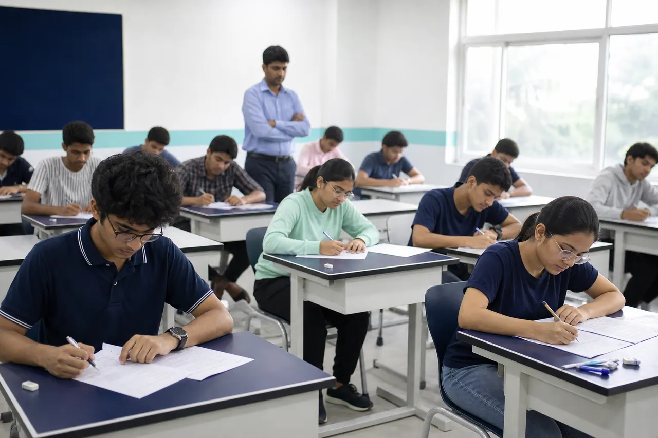 Illustrated timed academic testing scene for JEE and NEET style practice at Rankridge